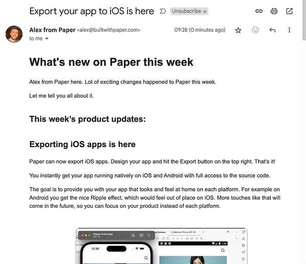 The image displays an email newsletter detailing updates from the Paper app, focusing on the new feature for exporting iOS apps.