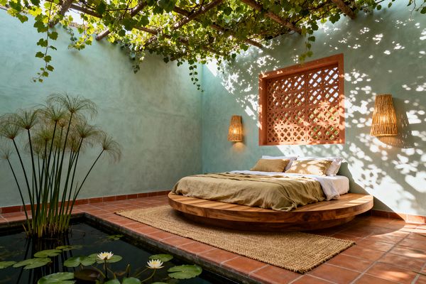 A serene indoor–outdoor bedroom features a round natural-wood platform bed with olive linen and white sheets on a jute rug over terracotta tiles. Pale sage plaster walls contain a perforated terracotta lattice window with woven rattan wall sconces. Overhead, a vine-covered pergola casts dappled leaf shadows, while a shallow pond with lily pads and papyrus plants borders the space.
