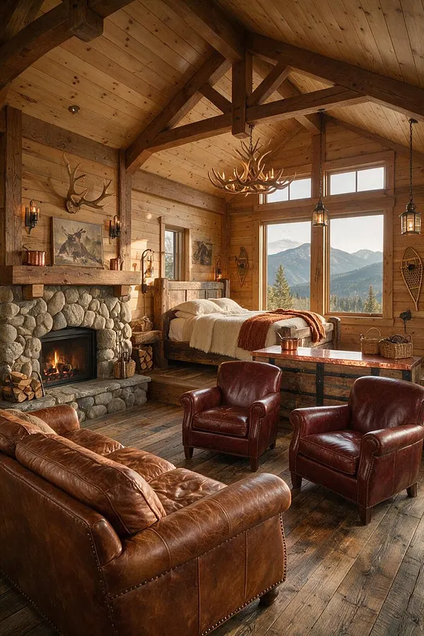 A cozy rustic studio apartment with wood-paneled walls and vaulted ceiling beams, centered around a stone fireplace. The space includes a bed near large mountain-view windows, leather armchairs and a sofa, and warm lantern-style lighting.
