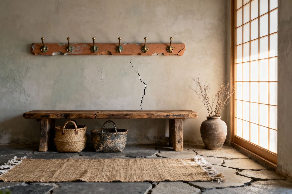 A serene wabi-sabi mudroom shows a thick reclaimed wood bench against a limewashed plaster wall with a visible vertical crack, and patinated brass hooks mounted to a chipped terracotta rail above. Woven baskets sit below the bench, an earthenware pot with dried branches rests near a wood-framed shoji screen, and soft light reveals irregular flagstone flooring and a narrow fringed jute runner.