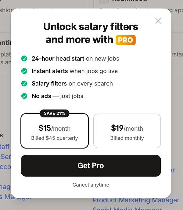 A screenshot of a UI modal for upgrading to a PRO subscription with detailed feature descriptions, pricing options, and an appealing photograph.