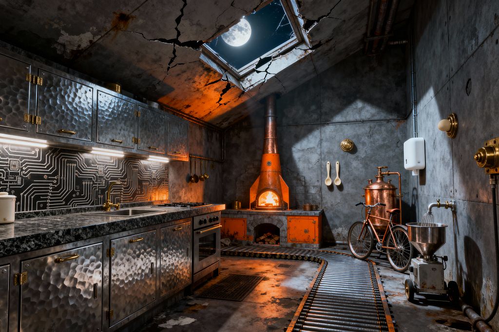 A gritty kitchen features hammered steel cabinets with brass hardware, a dark granite counter, and a stainless sink set against a circuit-board backsplash lit by linear LEDs. At the back, a wood-fired hearth with an orange chimney burns beside hanging utensils. Concrete walls, exposed pipes, and a cracked skylight reveal the moon. A copper still, a bicycle, and a wheeled industrial mixer sit near a floor roller track, blending salvaged elements with utility.