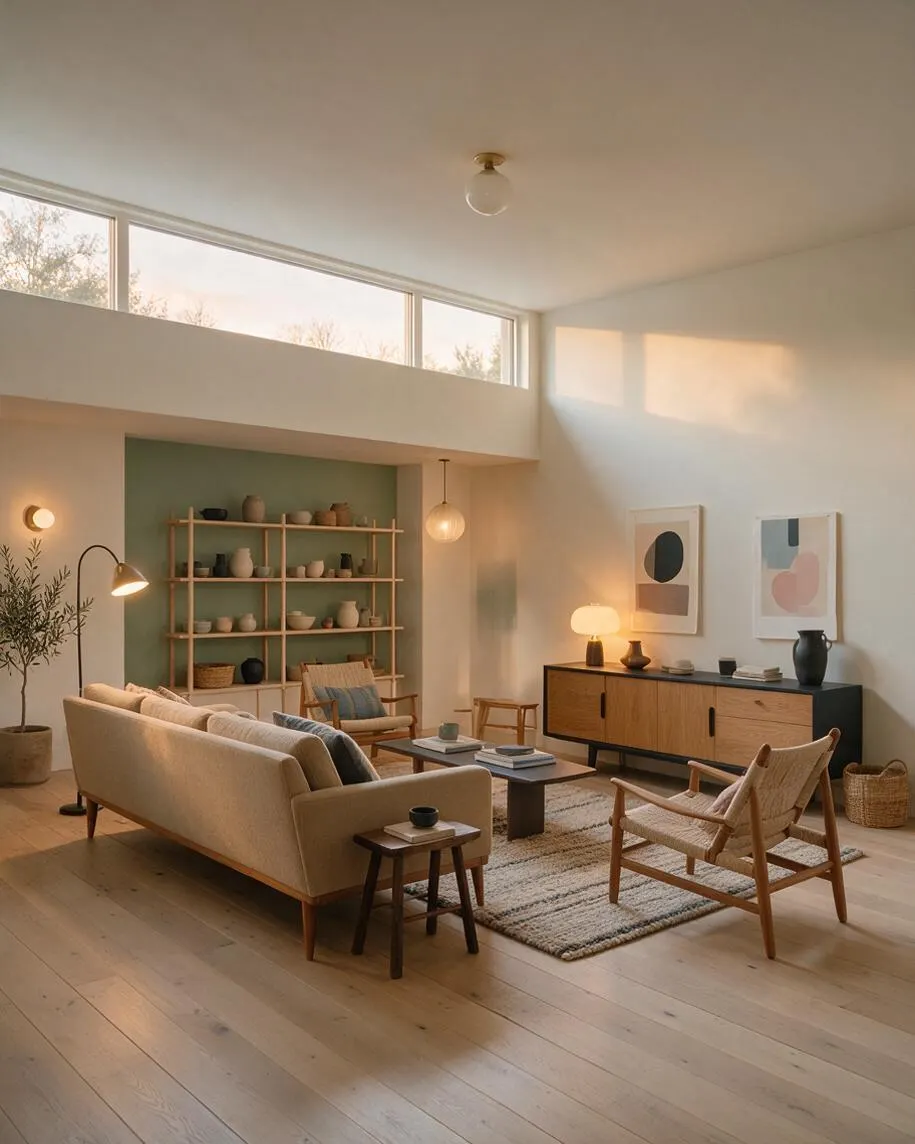 A Scandinavian-style basement living room with a pale sofa, woven armchair, and light wood flooring under high windows that bring in soft daylight. A green recessed shelving nook, simple abstract art, a black-and-wood sideboard, and warm table and floor lamps create a calm, airy atmosphere.