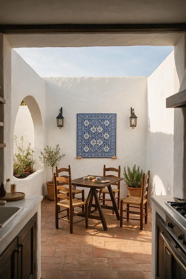 A small Mediterranean-style backyard courtyard with white stucco walls, terracotta floor tiles, and an open sky above. A dark wood table with woven chairs sits against the back wall, framed by potted plants, arched masonry, black lantern sconces, and a blue patterned tile panel.