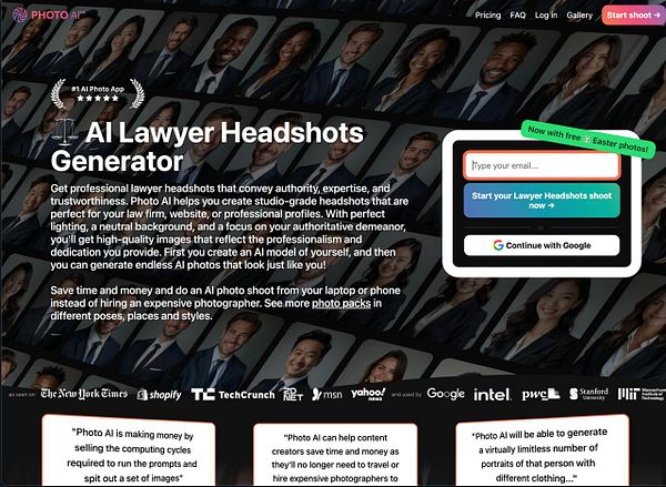 The image promotes an AI tool for generating professional lawyer headshots.