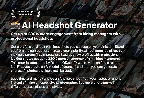 The image promotes an AI Headshot Generator service designed to enhance professional profiles.