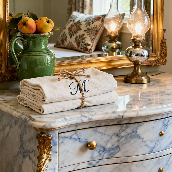 Close-up of a French Country bedroom dresser featuring a marble bombe chest with blue-gray veining, gold acanthus accents, and brass drawer pulls beneath a large gilded mirror. On the top sit a lit brass oil lamp with a glass chimney, a green glazed pitcher holding apples, and folded monogrammed linen tied with jute; floral textiles and a window frame are softly reflected, creating a warm, inviting glow.