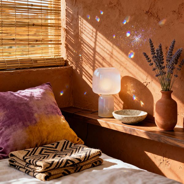 A sunlit bohemian bedroom corner with textured terracotta plaster walls. A low bed with white bedding holds a purple-and-ochre tie-dye pillow and a folded woven throw in a black chevron pattern. A narrow dark wood ledge serves as the bedside shelf, displaying a glowing milky glass lamp, a speckled stone bowl, and a terracotta vase filled with lavender stems. Bamboo blinds filter warm light, casting striped shadows and tiny rainbow reflections across the wall.