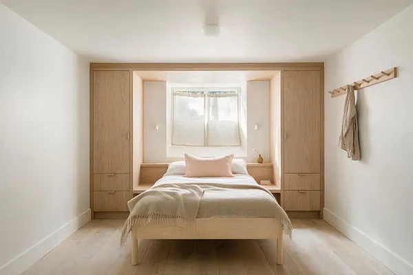 A serene basement bedroom in Scandinavian style with a light wood bed centered in a recessed niche, flanked by built-in oak wardrobes. White walls, pale wood flooring, soft neutral bedding, and a small window with sheer curtains create a bright, minimal atmosphere, while a wall-mounted peg rail adds simple function.