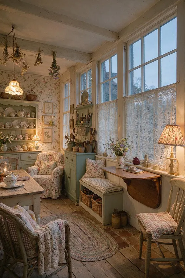 A cozy cottagecore sunroom with floral wallpaper, lace curtains over tall windows, and a warm mix of painted wood furniture. The room includes a rustic table, upholstered armchair, woven rug, open shelving with teacups and pottery, and soft lamps glowing under exposed ceiling beams with dried flowers overhead.