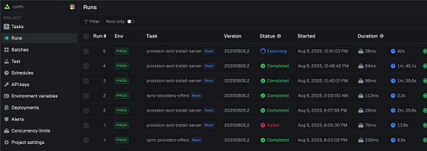 The image displays a user interface for managing task runs in a project management tool.