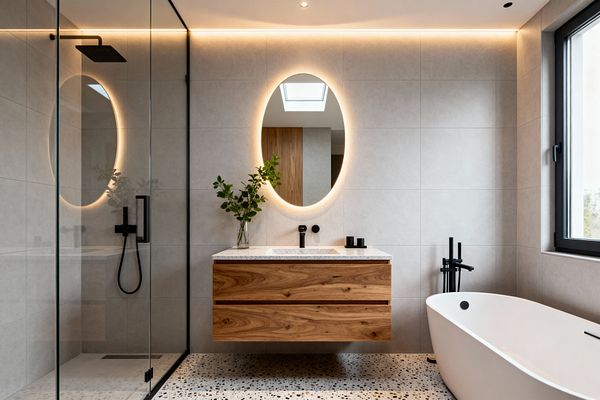 A modern bathroom with a glass walk-in shower on the left featuring a square black rainhead and hand shower, a floating walnut vanity with a white stone top beneath an oval backlit mirror, and a freestanding white tub with a black floor-mounted filler on the right. Large-format light gray tiles wrap the walls, terrazzo flooring grounds the space, and daylight from a black-framed window and a skylight mixes with warm LED cove lighting.