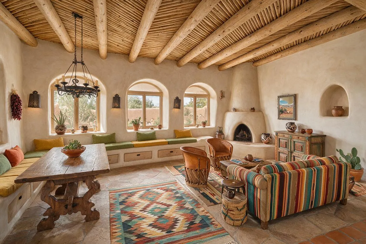 A warm Southwestern sunroom with a carved wood dining table, striped sofa, built-in adobe-style bench seating, and arched windows. Exposed wood ceiling beams, terracotta tile, woven rugs, leather chairs, and a plaster fireplace create a cozy, sunlit retreat.