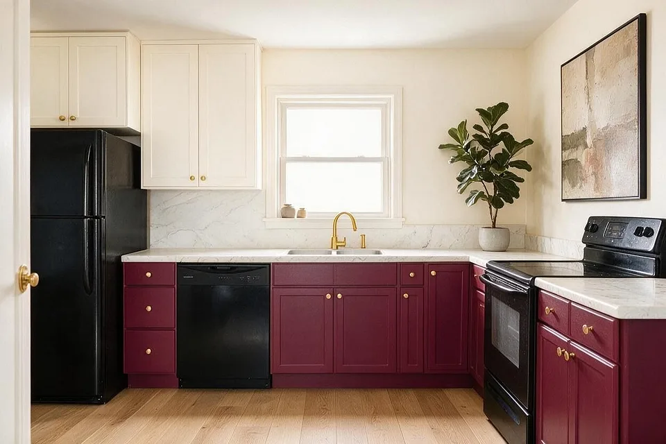 A Modern kitchen in the Burgundy Kitchen palette