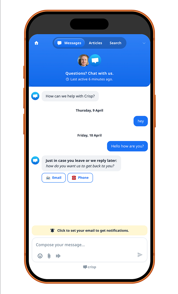 Screenshot of a mobile app interface displaying an improved Crisp chatbox with support for iPhone notch and sheet views.