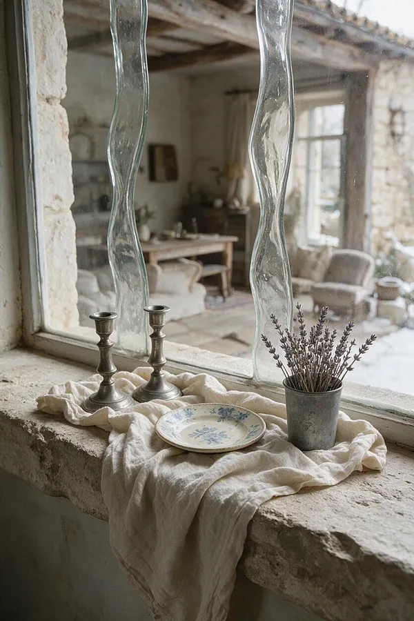 A rustic French Country window ledge styled with a soft crumpled linen cloth, two small silver candlesticks, a delicate floral plate, and a metal pot of dried lavender. Beyond the window, a cozy stone-and-wood room with vintage furnishings and muted neutral tones creates a calm, lived-in atmosphere.