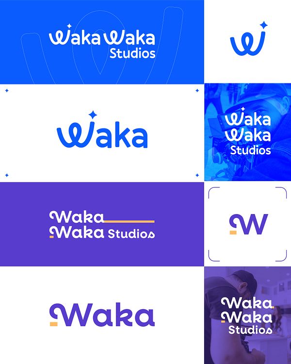The image displays a collection of logo concepts for Waka Waka Studios.