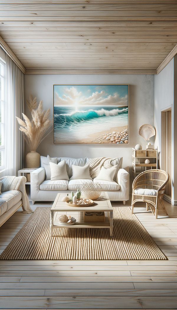 A bright, airy living room with windows letting in lots of natural light, furnished with a white sofa, light wood coffee table, and a wicker chair. Decorative elements include a jute rug on the floor, seashells on shelves, and a painting of the ocean on the wall.
