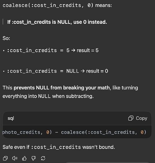 The image presents a SQL explanation regarding the use of the COALESCE function to handle NULL values in calculations.