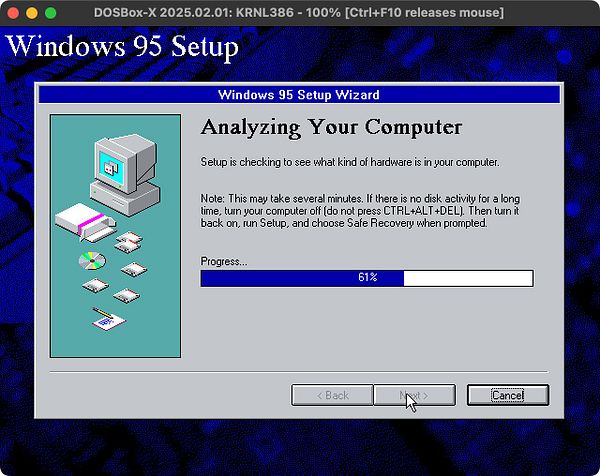 The image displays the Windows 95 Setup Wizard analyzing computer hardware during installation.