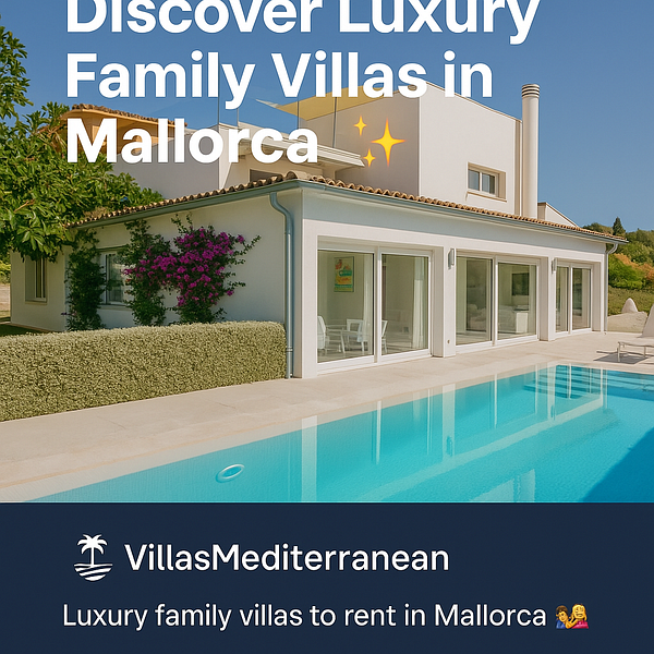A luxurious villa in Mallorca with a swimming pool and lush greenery.