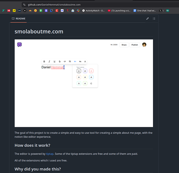 The image displays a GitHub README page for the project smolabountme.com.