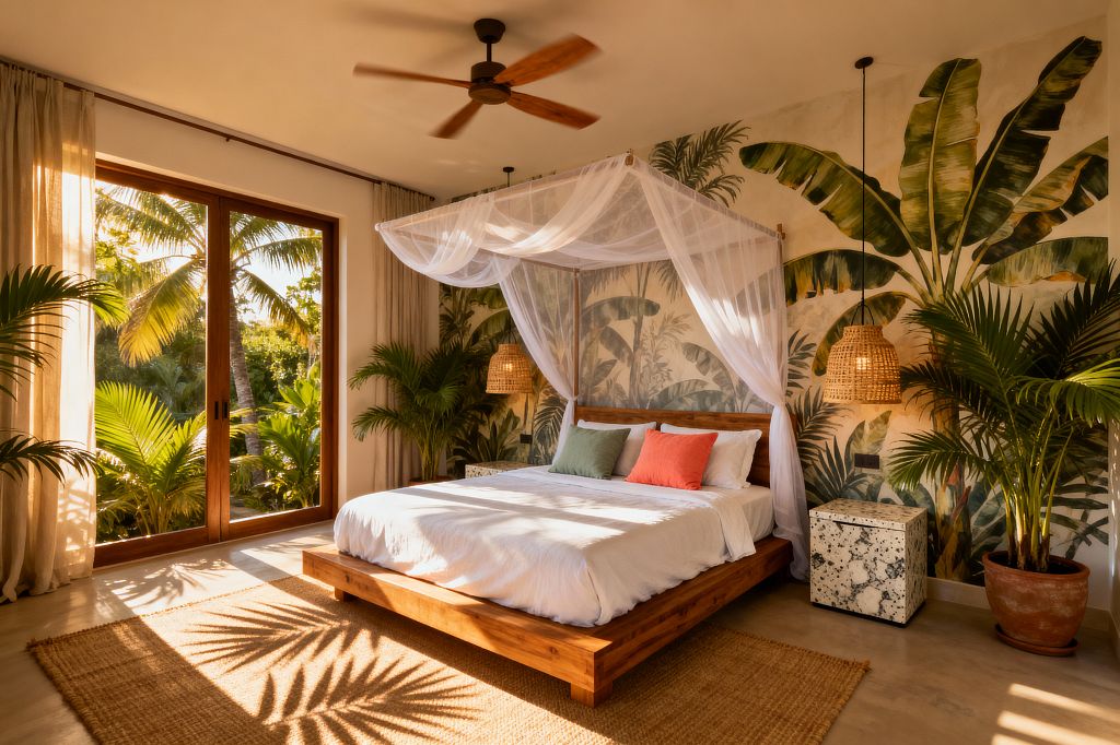 A sunlit tropical bedroom with a low teak platform bed dressed in white bedding and a sheer canopy net. A large banana-leaf mural spans the wall behind potted palms. Two woven rattan pendant lights hang over the bedside area, above a speckled terrazzo nightstand. Floor-to-ceiling wood-framed sliding doors open to palm trees, softened by beige linen curtains. A jute rug sits on a polished concrete floor, with palm shadows and a wood-blade ceiling fan overhead.