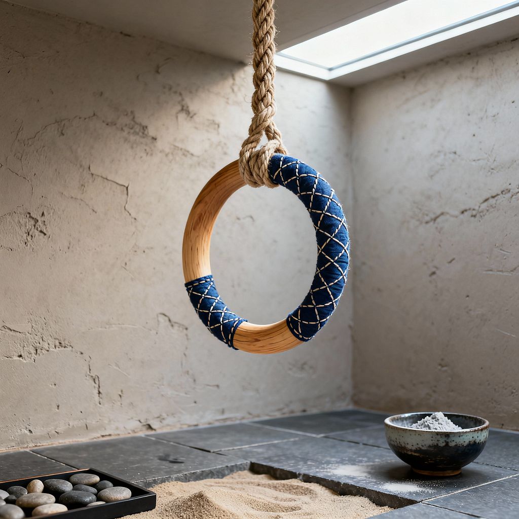 Close-up of a Japanese-inspired home gym corner lit by a skylight, featuring a natural wood gymnastics ring partly wrapped in indigo fabric with white sashiko stitching and suspended from a thick hemp rope. Charcoal slate tiles surround a recessed sand bed with a black tray of smooth river stones, while a small glazed ceramic bowl holding fine white powder rests nearby against textured gray plaster walls.