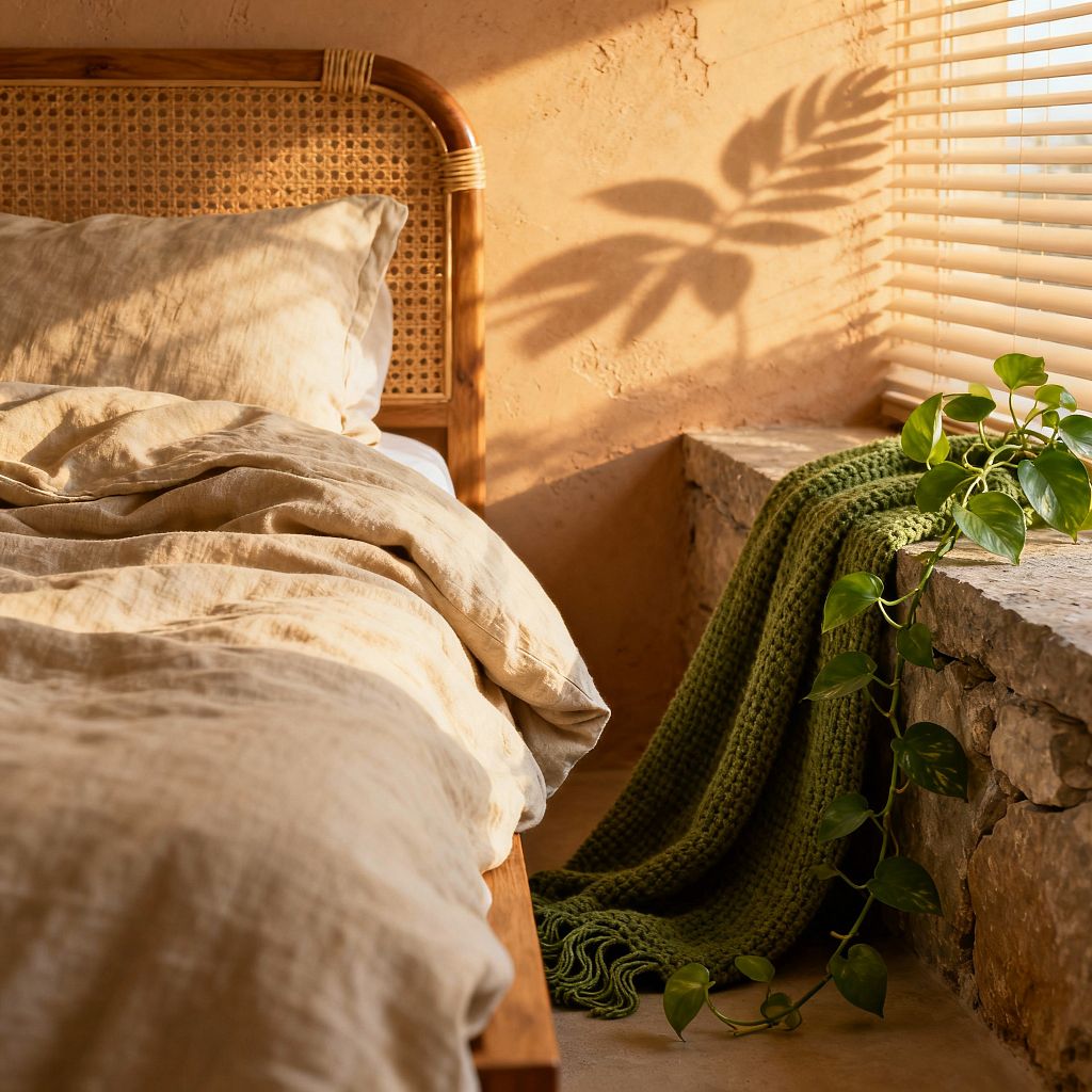 A sunlit bedroom corner shows a wooden bed with a curved rattan cane headboard and beige linen bedding beside a window with light wood slat blinds. Warm, textured clay-plaster walls and a rough stone ledge hold a deep green knitted throw, while a trailing pothos plant cascades over the edge; dappled golden light projects a leafy shadow across the wall, creating a calm, natural atmosphere.