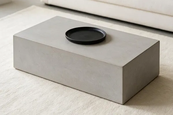 A low rectangular concrete bench sits on a soft light-colored carpet, with a small round black tray centered on top. The scene uses muted neutral tones and clean lines, creating a calm minimalist interior composition.