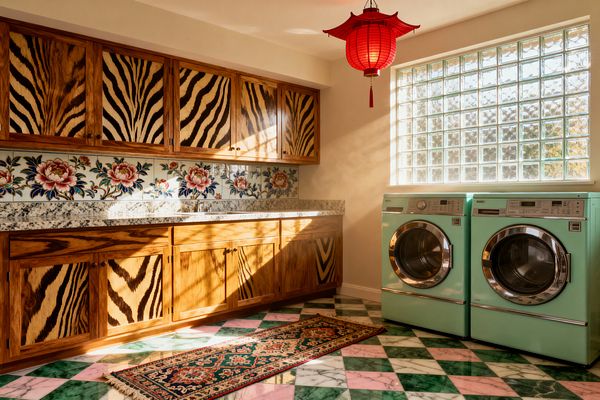 A bright laundry room with honey-toned wood cabinets featuring zebra-print panels and a speckled granite countertop, backed by ceramic tiles painted with large peonies. A mint green front-load washer and dryer sit to the right beneath a large glass-block window, while a red pagoda-style paper lantern hangs overhead and a marble floor in green, pink, and white checks is accented by a narrow patterned runner.