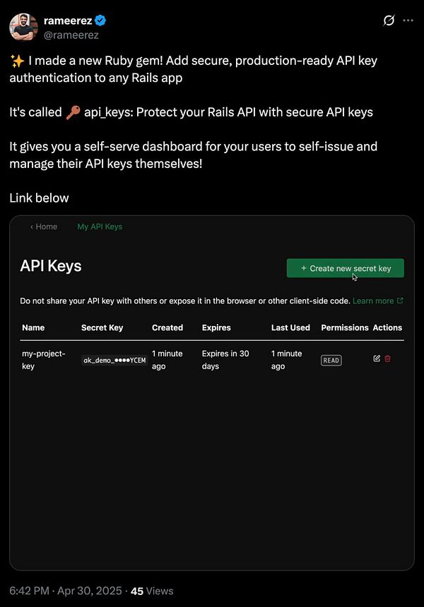 A screenshot of a Twitter post announcing a new Ruby gem for API key management.
