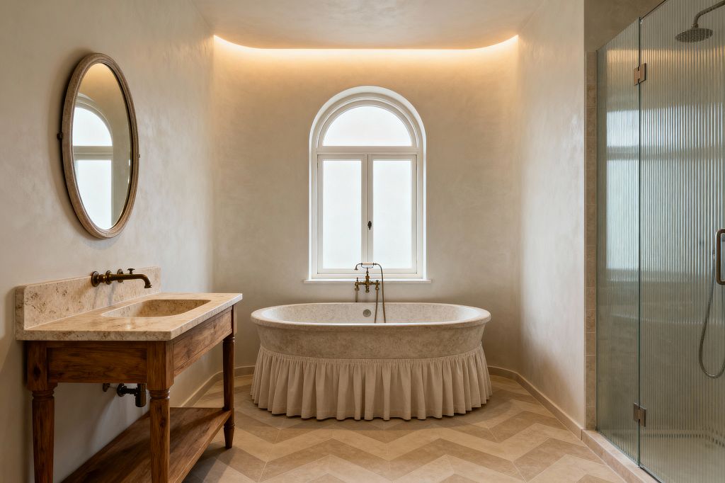 A transitional bathroom with warm ivory plaster walls features a wooden console vanity with a honed stone top and integrated sink, a round mirror, and a wall-mounted brass faucet on the left. Centered beneath an arched, frosted window is a freestanding stone tub with a gathered skirt and brass filler, while the right side holds a reeded-glass shower enclosure; chevron beige stone floor tiles and soft cove lighting create a calm, inviting atmosphere.