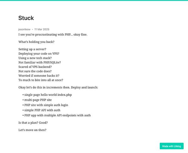 A text-based note discussing challenges with PHP development and deployment.