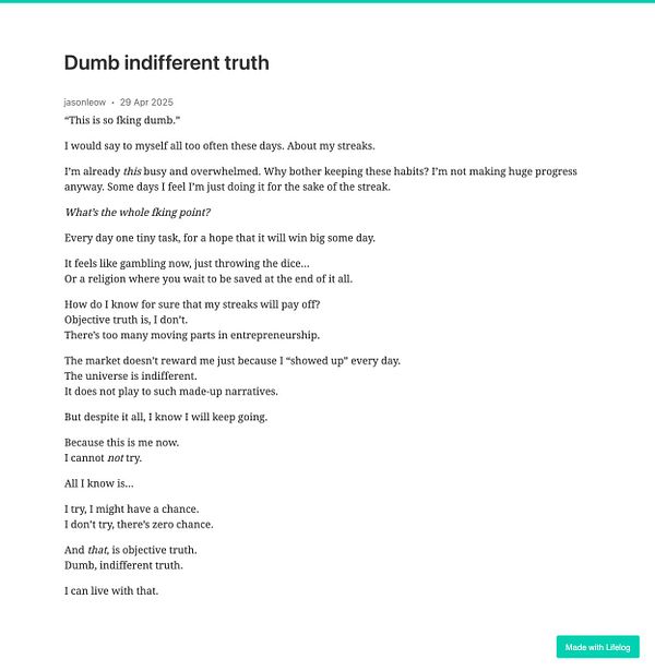 A reflective text post discussing the challenges and indifference of maintaining daily habits and streaks.