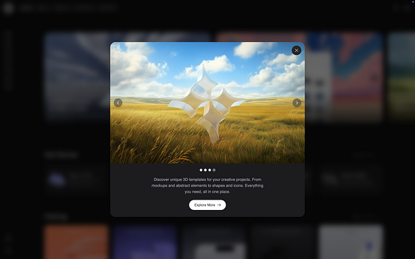 A modal window showcasing a 3D design element set against a scenic landscape.