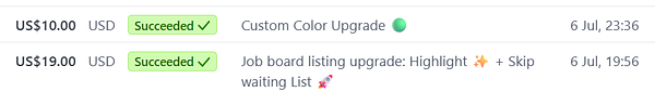 The image displays a transaction history for a job board owner who upgraded their plan.