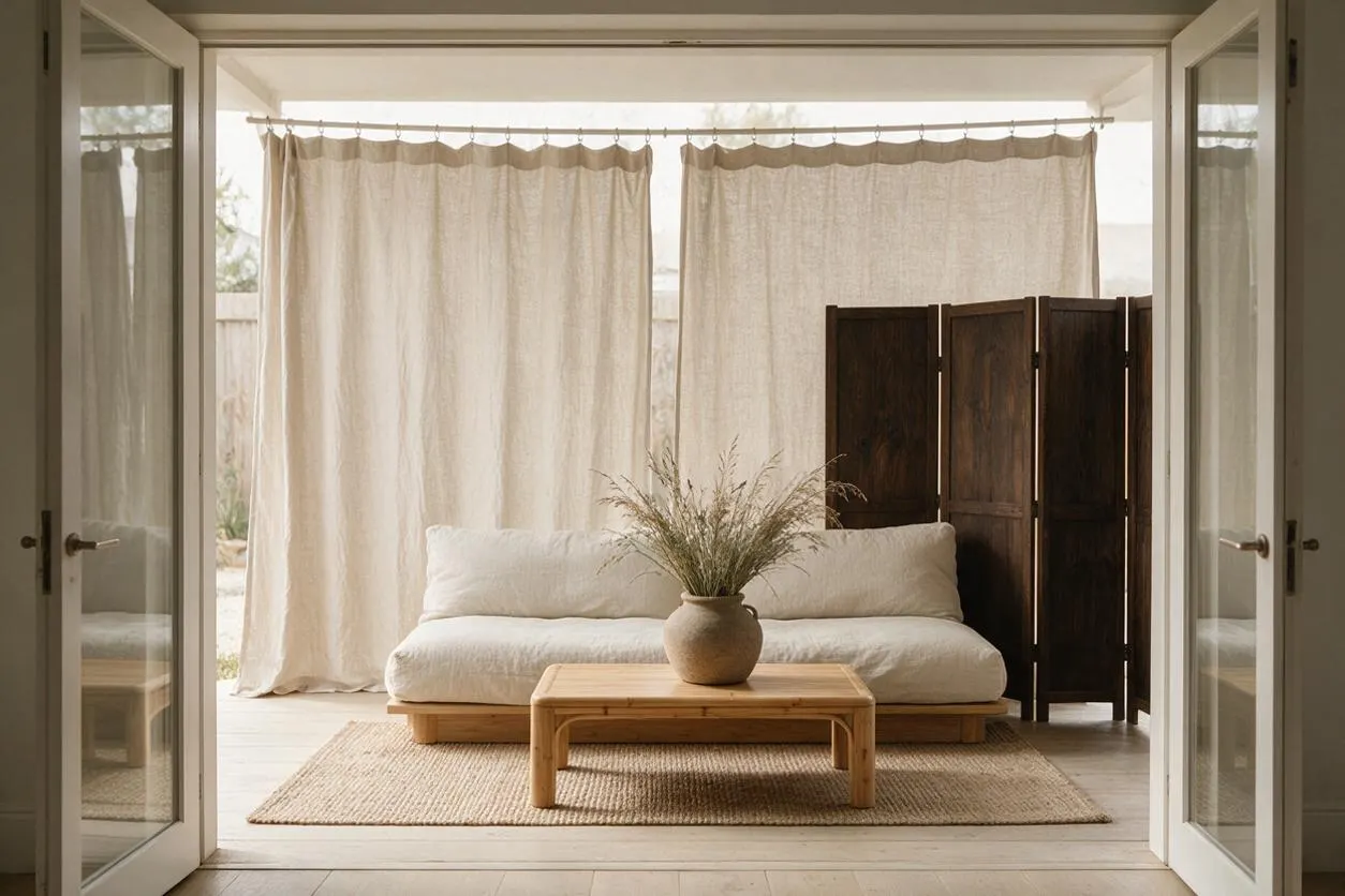 A calm Japandi-style patio with a low white cushioned sofa, a light wood coffee table, and a woven rug centered on a pale floor. Soft linen curtains hang across the back, with a dark wooden folding screen adding contrast beside the seating area.