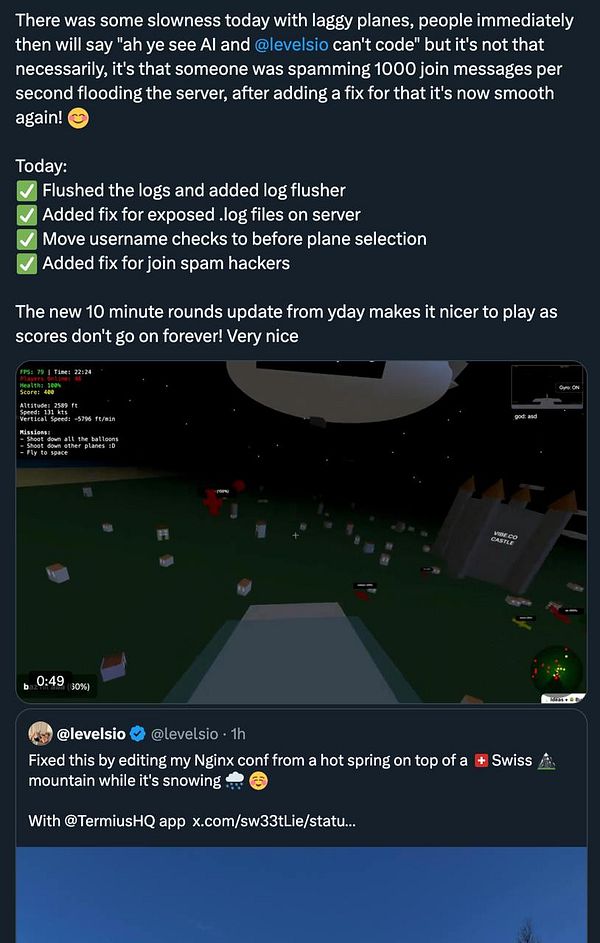 The image features a social media post discussing server issues and updates related to a gaming environment.