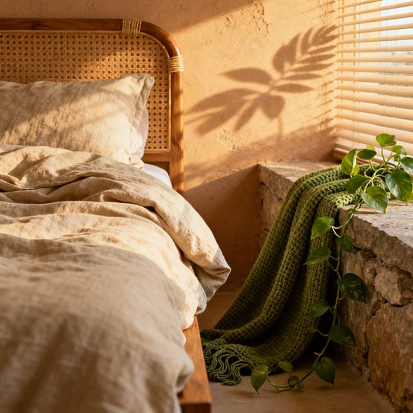 A sunlit bedroom corner shows a wooden bed with a curved rattan cane headboard and beige linen bedding beside a window with light wood slat blinds. Warm, textured clay-plaster walls and a rough stone ledge hold a deep green knitted throw, while a trailing pothos plant cascades over the edge; dappled golden light projects a leafy shadow across the wall, creating a calm, natural atmosphere.