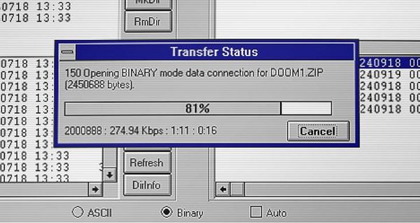Screenshot of a benchmarking tool measuring data transfer speeds before and after modifying Em-DOSBox settings.