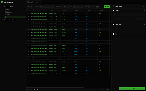 Snapshot of a local MongoDB database management tool interface with data collections and documents.