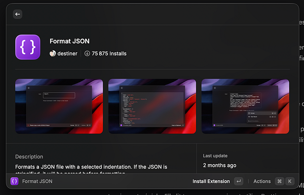 Screenshot of a Raycast command configuration for setting up a JSON formatter.