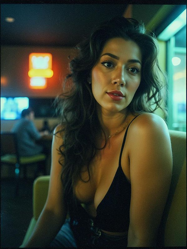 A woman with long, wavy hair poses in a dimly lit setting, wearing a black top.