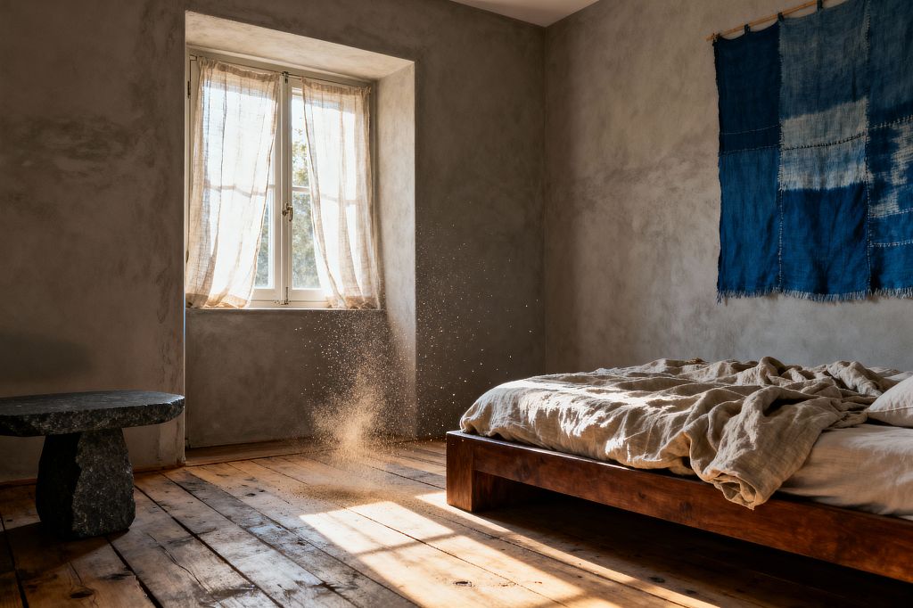 An airy bedroom with rough gray plaster walls and wide plank wood floors features a low walnut-toned platform bed dressed in crumpled beige linen. Sunlight streams through a white-framed window with sheer linen curtains, revealing floating dust and illuminating a deep indigo patchwork textile on the wall; a small black stone side table stands to the left, and the room is otherwise minimal, emphasizing natural materials, patina, and gentle imperfection.