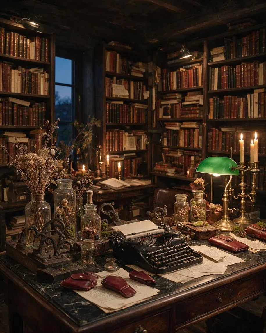 A moody studio apartment styled like a private library, with wall-to-wall bookshelves filled with old books surrounding a dark wood desk. The desk holds a vintage typewriter, glass jars with dried flowers, brass candelabras, parchment papers, and a green banker’s lamp, all lit by warm candlelight and deep shadows.