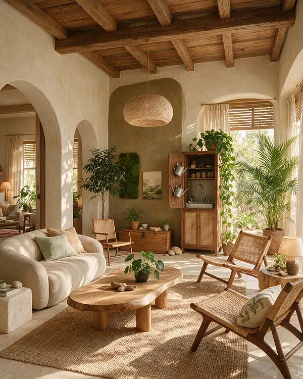 A warm front porch styled with biophilic design features a wood-beamed ceiling, arched openings, and plaster walls in soft earthy tones. Woven rattan chairs, a rounded linen sofa, a live-edge wood coffee table, many potted plants, and sheer curtains create a calm indoor-outdoor retreat.