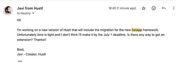 An email from Javi at Hustl requesting an extension for a migration deadline.