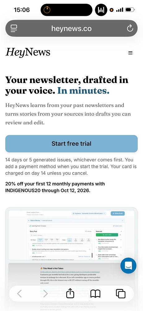 Mobile view of HeyNews homepage highlighting its newsletter drafting service, free trial offer, and promotional discount.