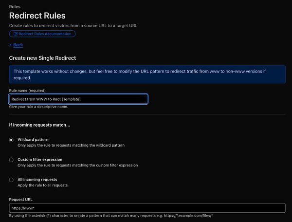 The image displays a user interface for setting up redirect rules for a website.